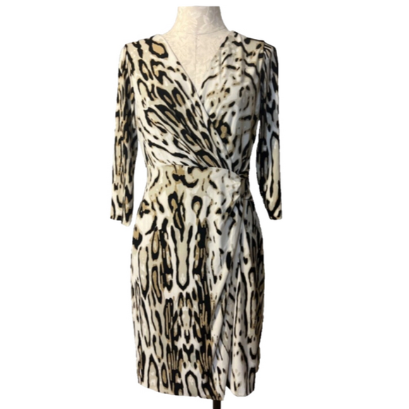 Tahari Dress 8 Cream Black Brown Stretch Career Church 3/4 long sleeve - Picture 1 of 11
